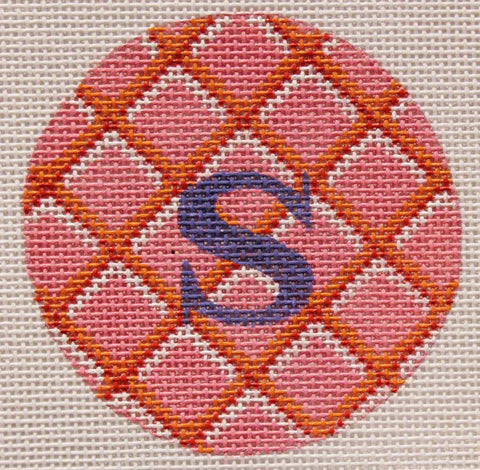 Kate Dickerson Needlepoint Collections Bright Disk Letter Pink with Orange Red & White Criss Cross Needlepoint Canvas