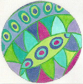 Kate Dickerson Needlepoint Collections 4" Round - Pucci Inspired Waves & Dots - Blues, Greens & Purples Needlepoint Canvas