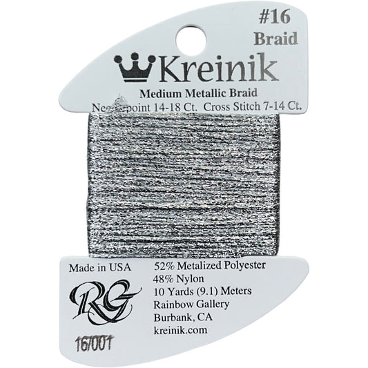 Rainbow Gallery Kreinik Medium Braid #16 - 001 Silver