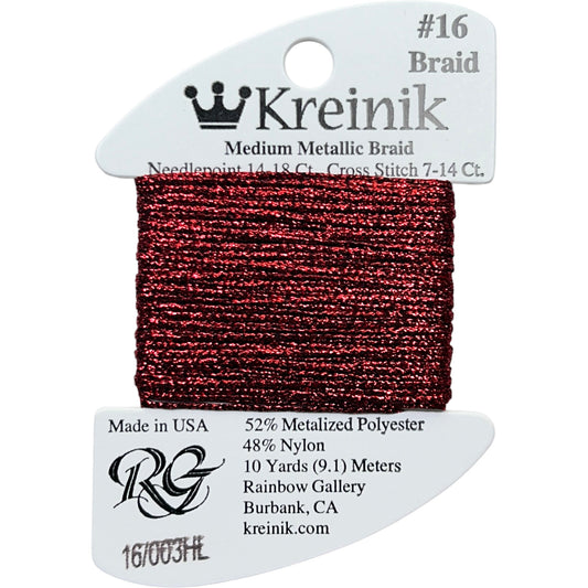 Rainbow Gallery Kreinik Medium Braid #16 - 003HL Red High Lustre