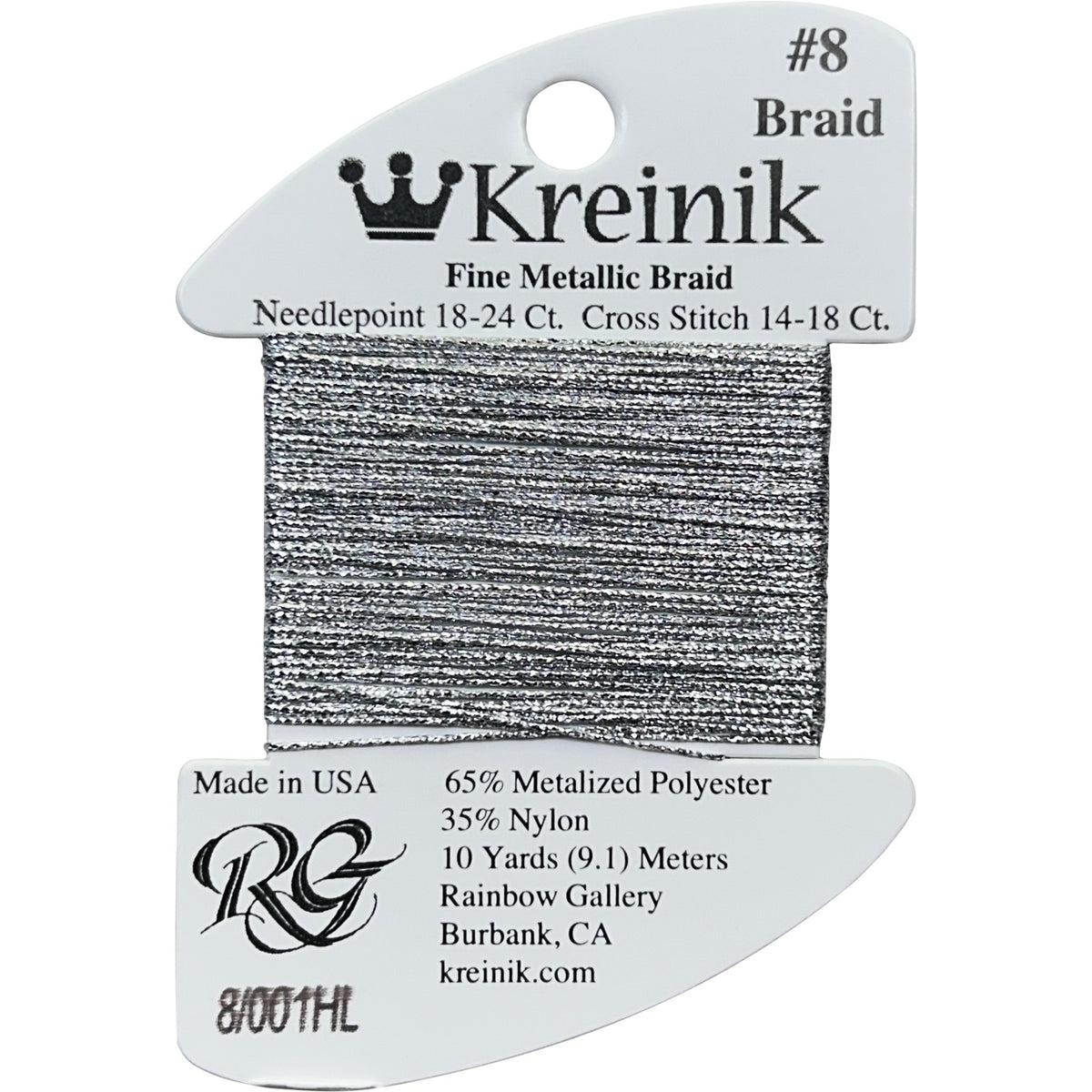 Rainbow Gallery Kreinik Fine Braid #8 - 001HL Silver High Lustre