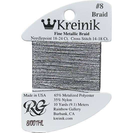Rainbow Gallery Kreinik Fine Braid #8 - 001HL Silver High Lustre