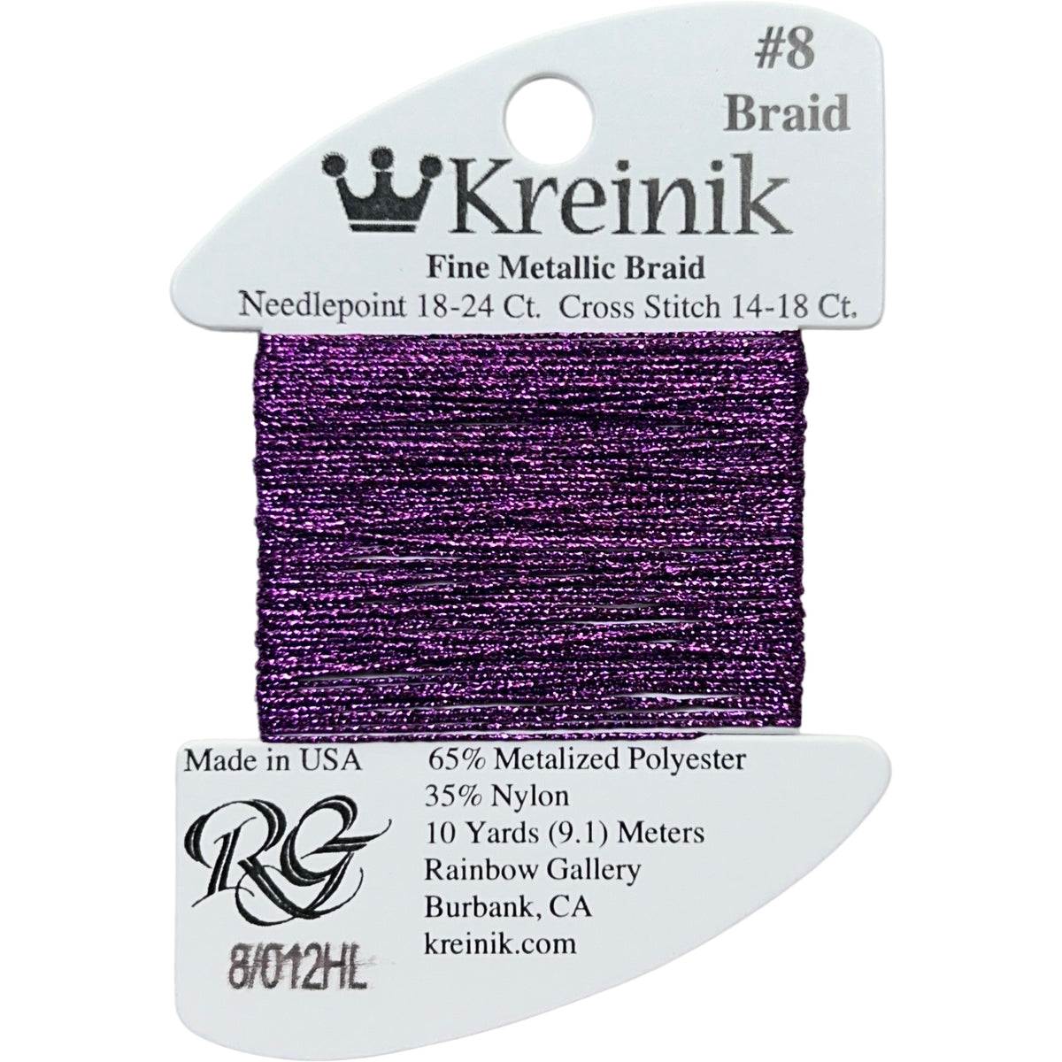 Rainbow Gallery Kreinik Fine Braid #8 - 012HL Purple High Lustre