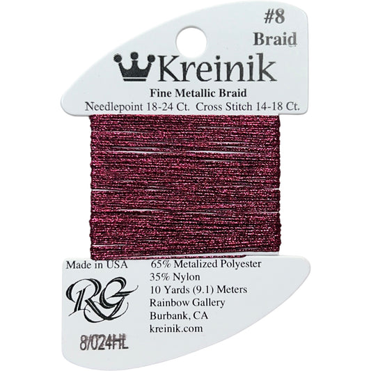 Rainbow Gallery Kreinik Fine Braid #8 - 024HL Fuchsia High Lustre