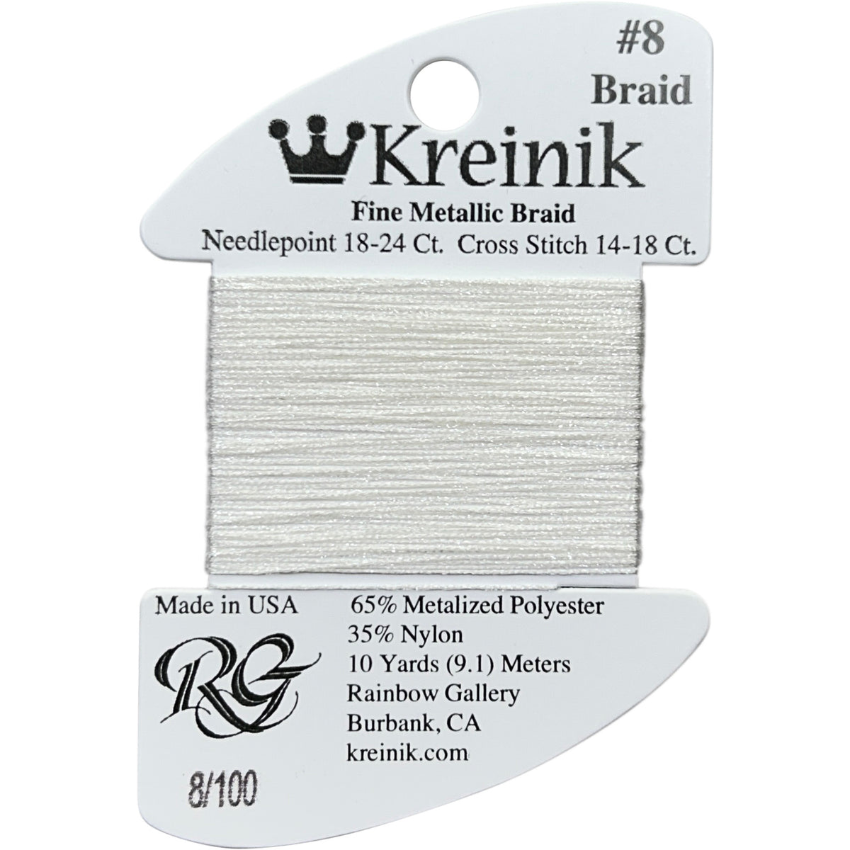 Rainbow Gallery Kreinik Fine Braid #8 - 100 White