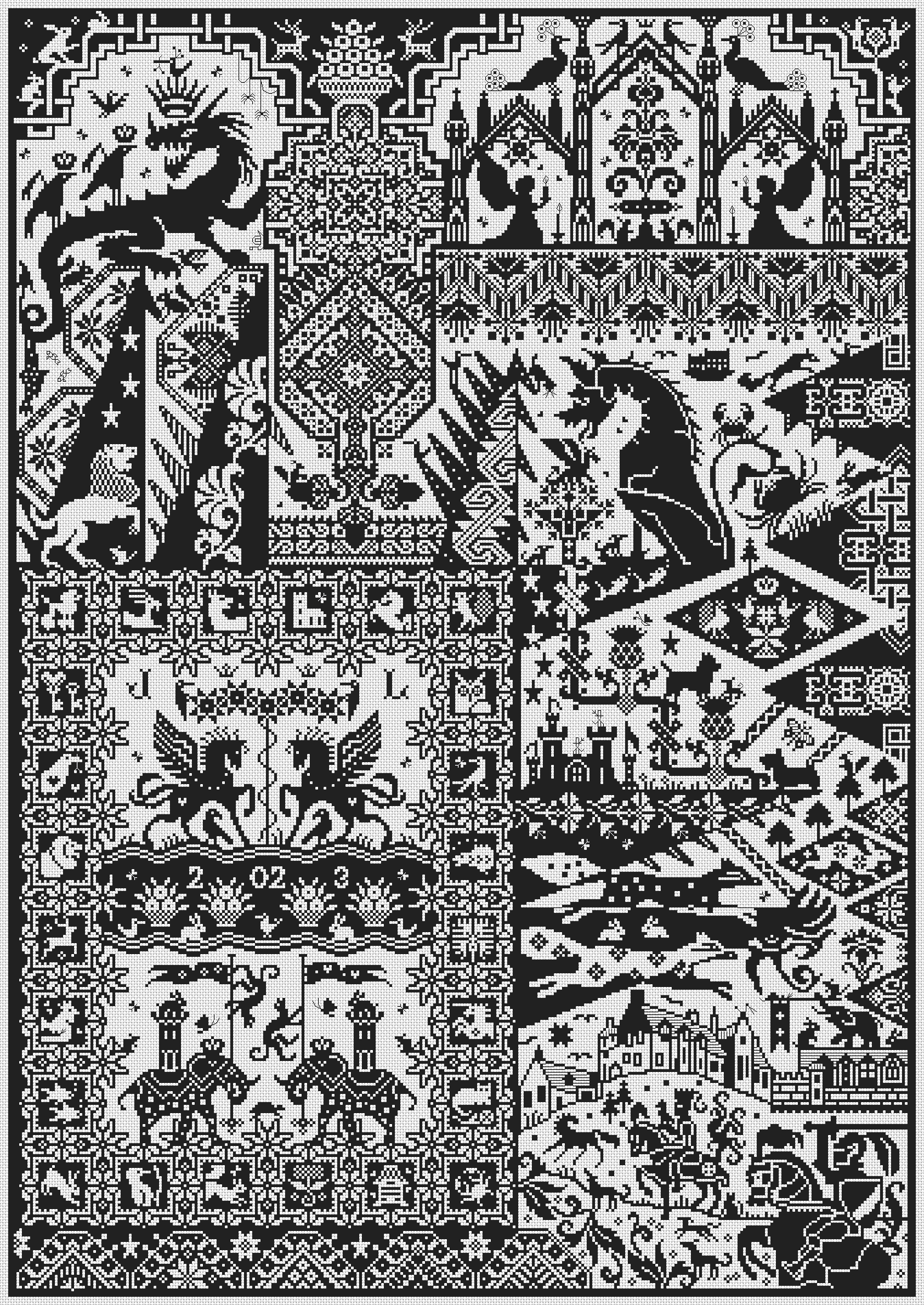 Black and white cross stitch sampler of mythical creatures, flying birds, symbolic beasts, ships, castles, stars, and bold geometric patterns.