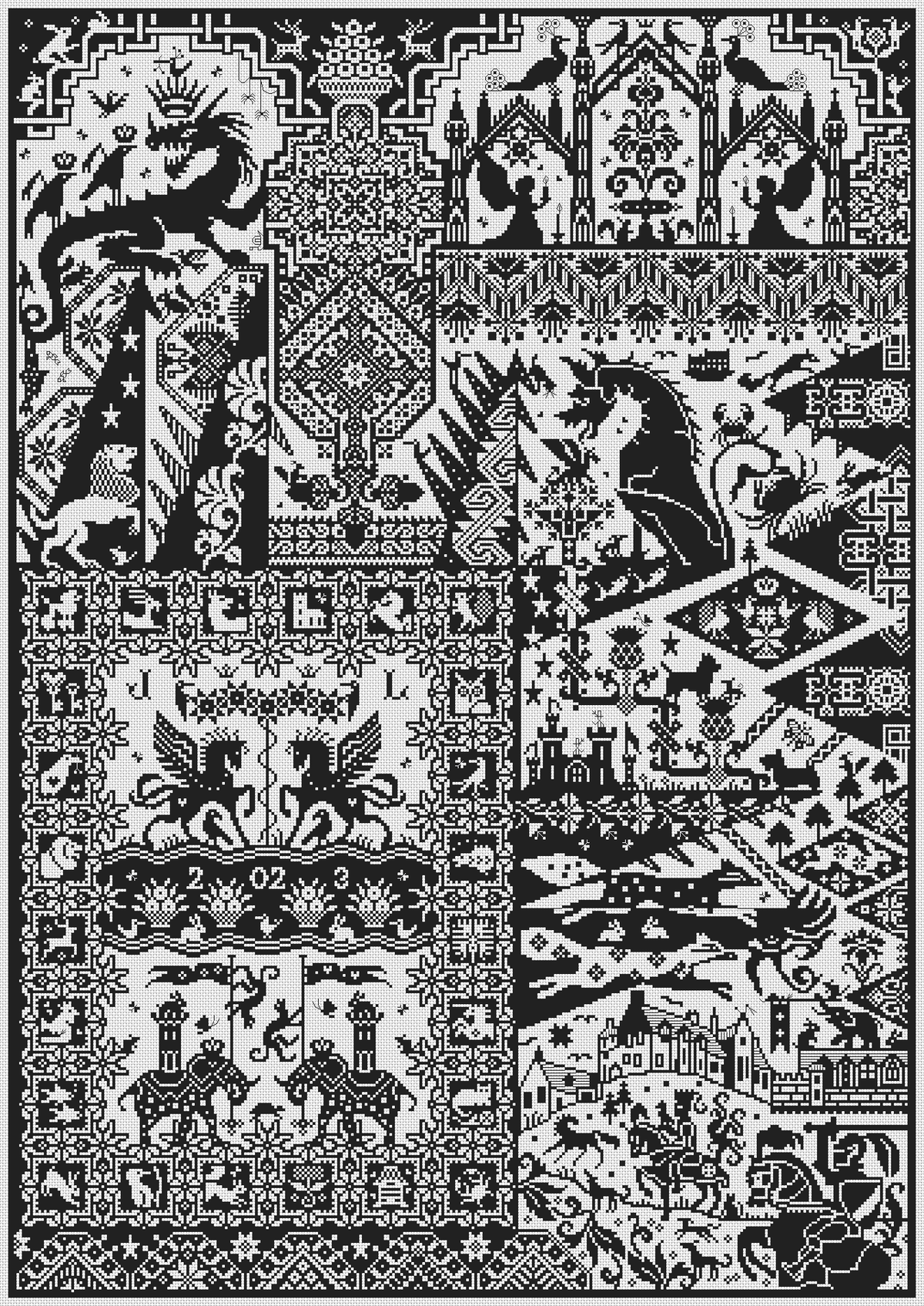 Black and white cross stitch sampler of mythical creatures, flying birds, symbolic beasts, ships, castles, stars, and bold geometric patterns.