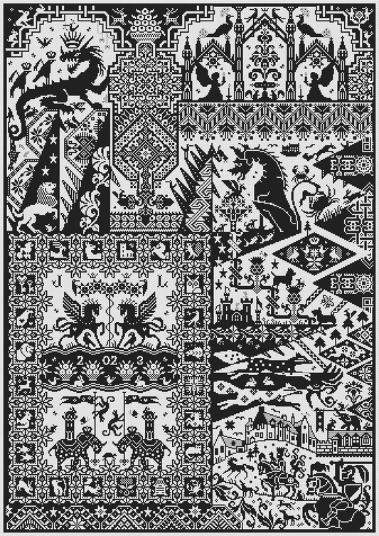 Black and white cross stitch sampler of mythical creatures, flying birds, symbolic beasts, ships, castles, stars, and bold geometric patterns.