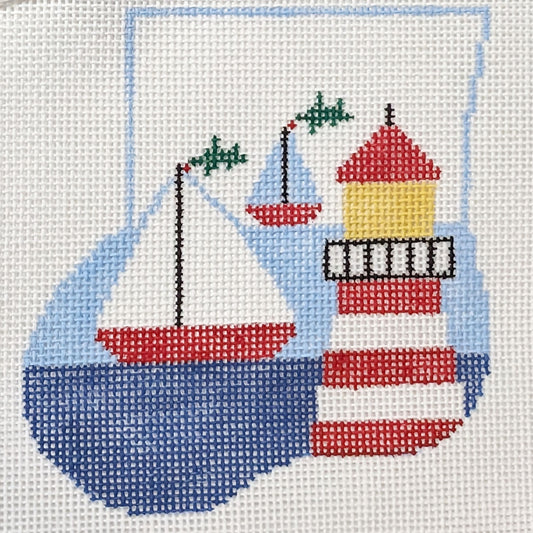 Kathy Schenkel Designs Striped Lighthouse and Sailboat Mini Stocking Needlepoint Canvas