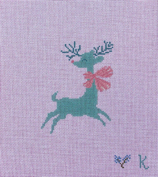 Ndlpt Designs Teal Reindeer with Bow Needlepoint Canvas