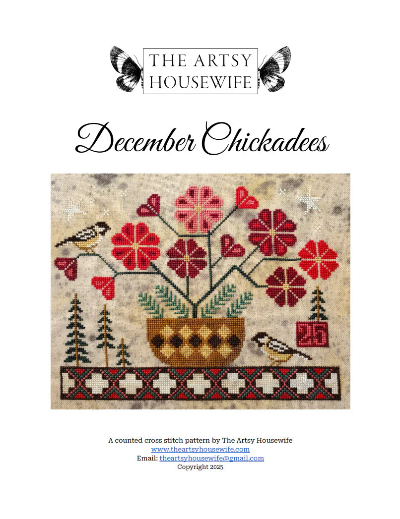 The Artsy Housewife December Chickadees Cross Stitch Pattern