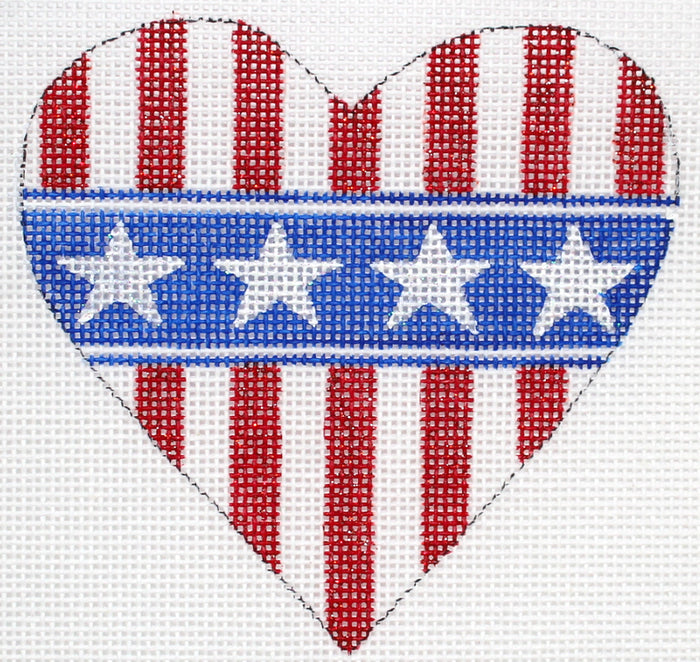 Kate Dickerson Needlepoint Collections Mini Heart Patriotic Red and White Stripes with Starred Blue Stripe Needlepoint Canvas