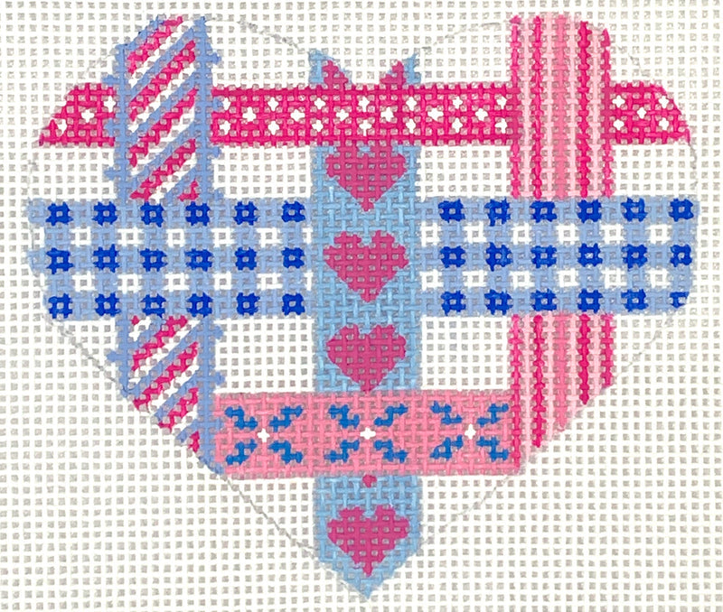 Kate Dickerson Needlepoint Collections Mini Heart Woven Ribbons Pinks and Blues Needlepoint Canvas