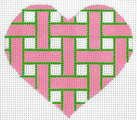 Kate Dickerson Needlepoint Collections Mini Heart Woven Ribbons Pink with Green Edging Needlepoint Canvas