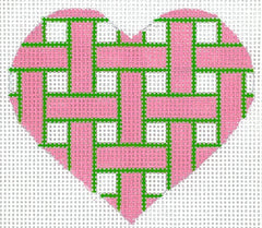 Kate Dickerson Needlepoint Collections Mini Heart Woven Ribbons Pink with Green Edging Needlepoint Canvas