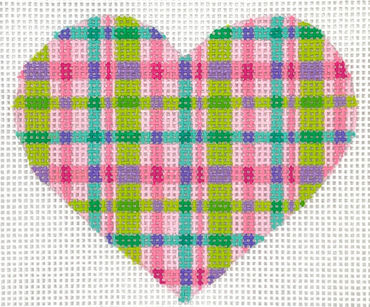 Kate Dickerson Needlepoint Collections Mini Heart Madras Plaid Pinks Limes Turquoise and Lavenders Needlepoint Canvas