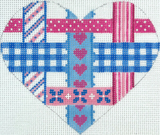 Kate Dickerson Needlepoint Collections Mini Heart Woven Ribbons Pinks and Blues on White Needlepoint Canvas