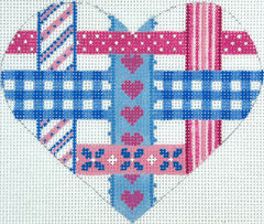 Kate Dickerson Needlepoint Collections Mini Heart Woven Ribbons Pinks and Blues on White Needlepoint Canvas