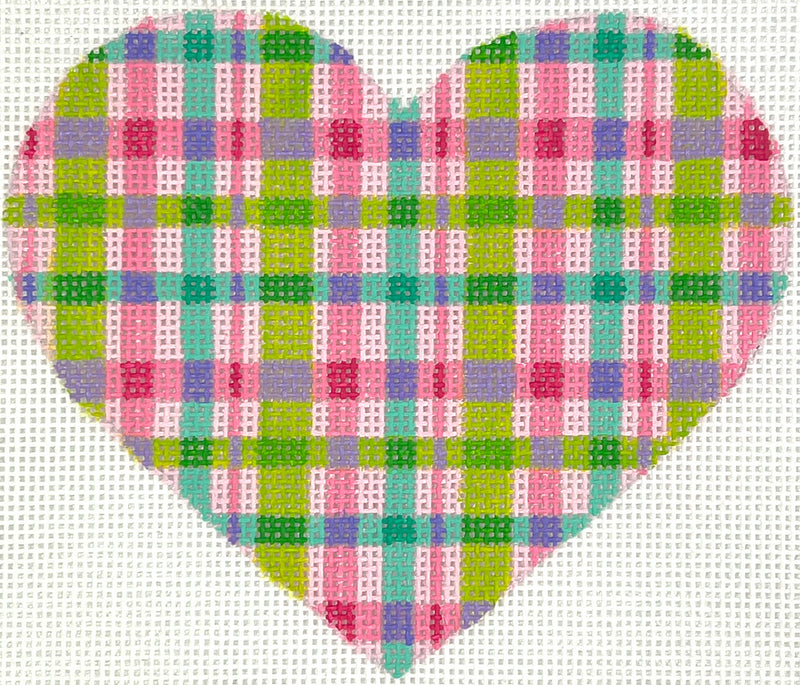 Kate Dickerson Needlepoint Collections Mini Heart Madras Plaid Pinks Limes Green Turquoise and Lavenders Needlepoint Canvas
