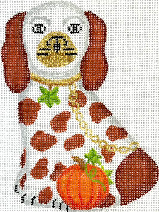Kate Dickerson Needlepoint Collections Mini Staffordshire Dog  White & Brown with Pumpkin Leaves Gold Lock & Chain Needlepoint Canvas