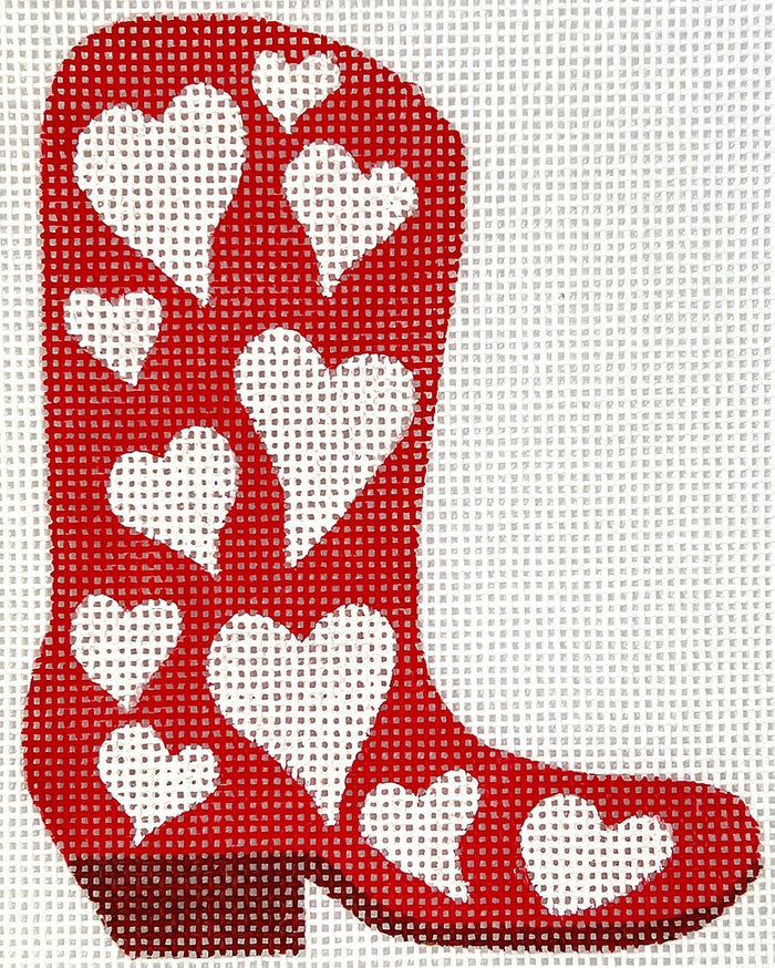 Kate Dickerson Needlepoint Collections Mini Cowgirl Boot Red with White Hearts Needlepoint Canvas