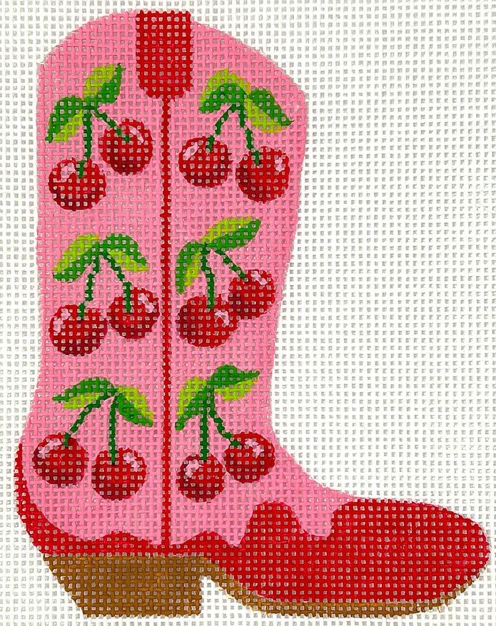 Kate Dickerson Needlepoint Collections Mini Cowgirl Boot - Cherries on Bubblegum Pink Needlepoint Canvas