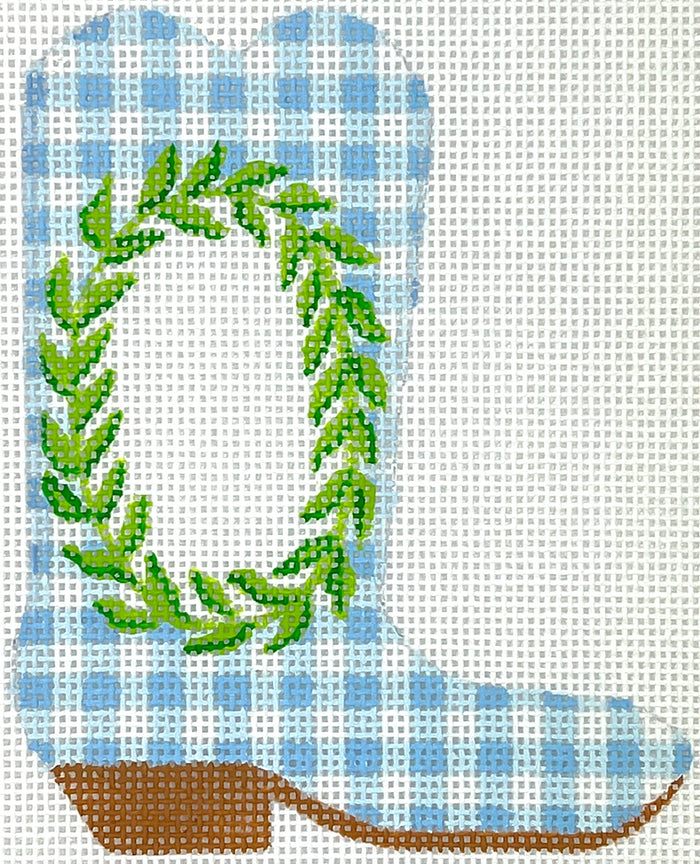 Kate Dickerson Needlepoint Collections Mini Cowgirl Boot Greenery Wreath on Blue Gingham with Monogram Space Needlepoint Canvas
