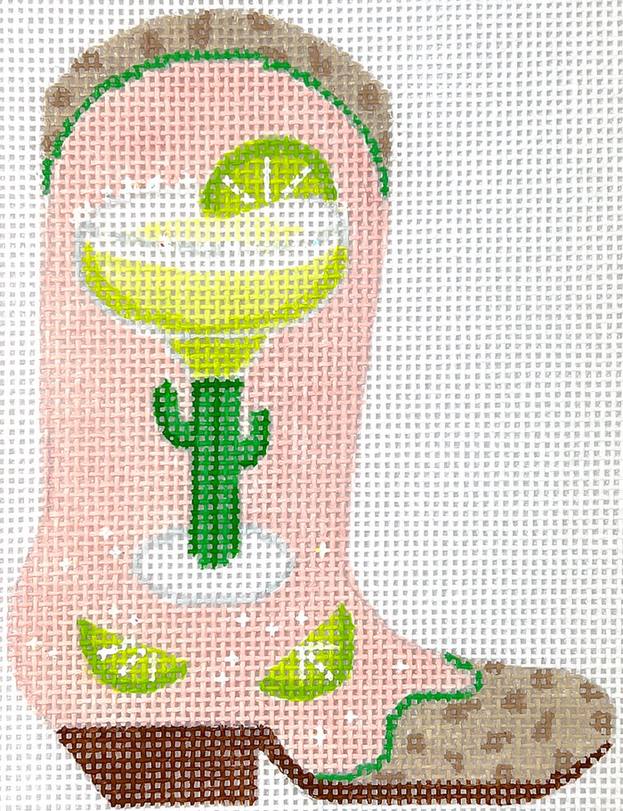 Kate Dickerson Needlepoint Collections Mini Cowgirl Boot Margarita with Limes and Ostrich Accents Needlepoint Canvas