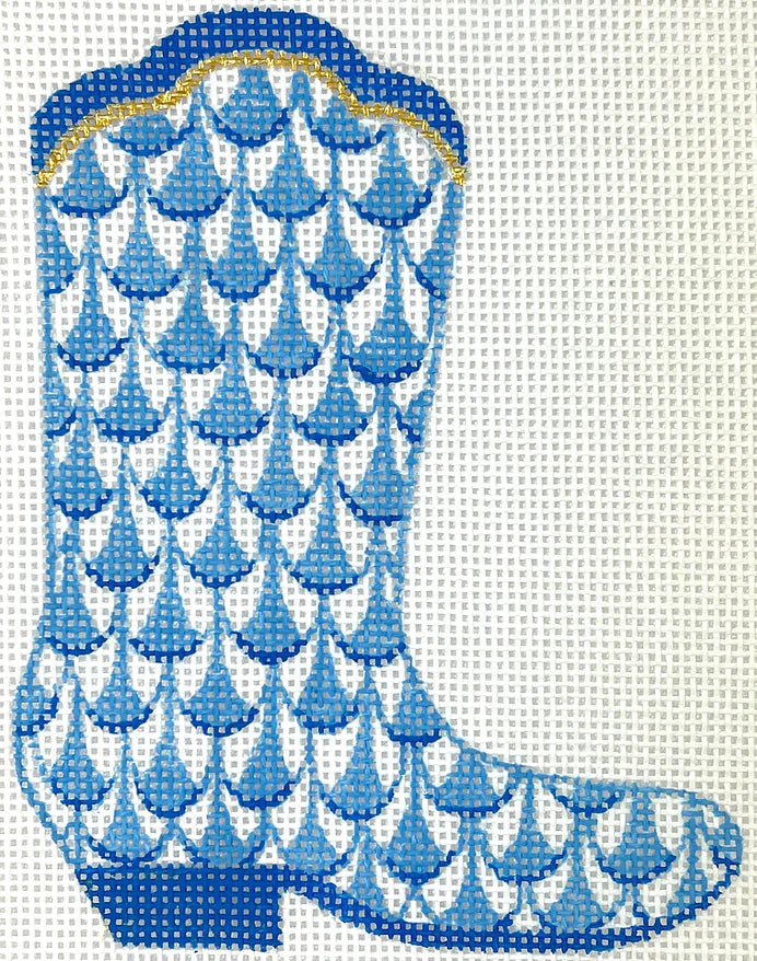 Kate Dickerson Needlepoint Collections Mini Cowgirl Boot - Herend-Inspired Fishnet - Blues Needlepoint Canvas