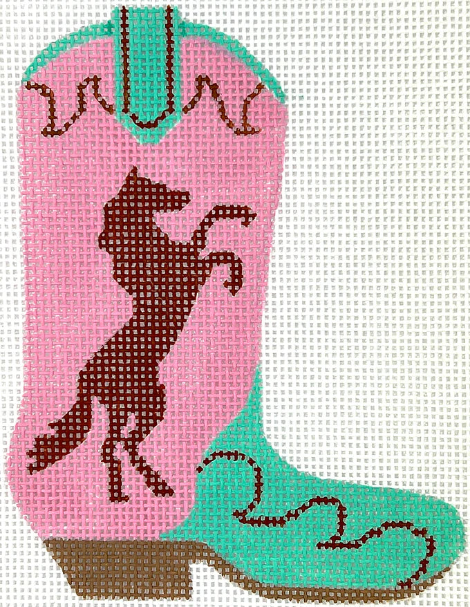 Kate Dickerson Needlepoint Collections Mini Cowgirl Boot - Leaping Horse - Brown on Pink & Turquoise Needlepoint Canvas