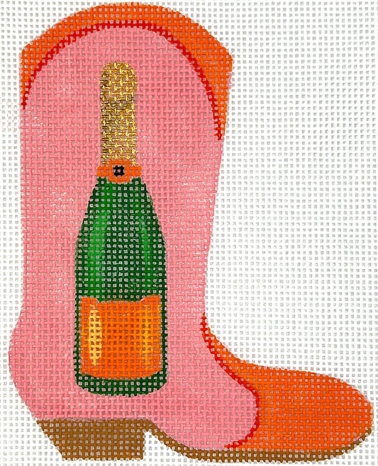 Kate Dickerson Needlepoint Collections Mini Cowgirl Boot - Veuve Clicquot - On Pink Needlepoint Canvas