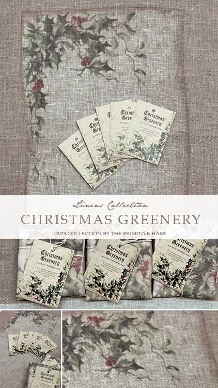 The Primitive Hare Christmas Greenery Printed Linen 30 ct
