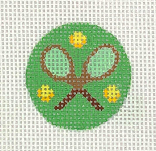 Kate Dickerson Needlepoint Collections Planet Earth Key Ring Insert Tennis Rackets and Balls on Green Needlepoint Canvas