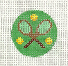 Kate Dickerson Needlepoint Collections Planet Earth Key Ring Insert Tennis Rackets and Balls on Green Needlepoint Canvas
