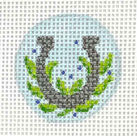 Kate Dickerson Needlepoint Collections Planet Earth Key Ring Insert Horseshoe with Greenery and Blueberries on Sky Needlepoint Canvas