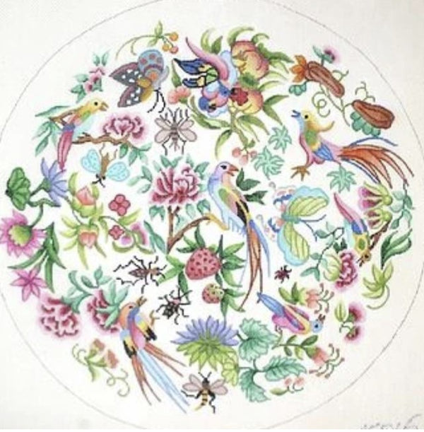 Kate Dickerson Needlepoint Collections Rose Canton Birds Flowers Fruits and Insects Round Needlepoint Canvas