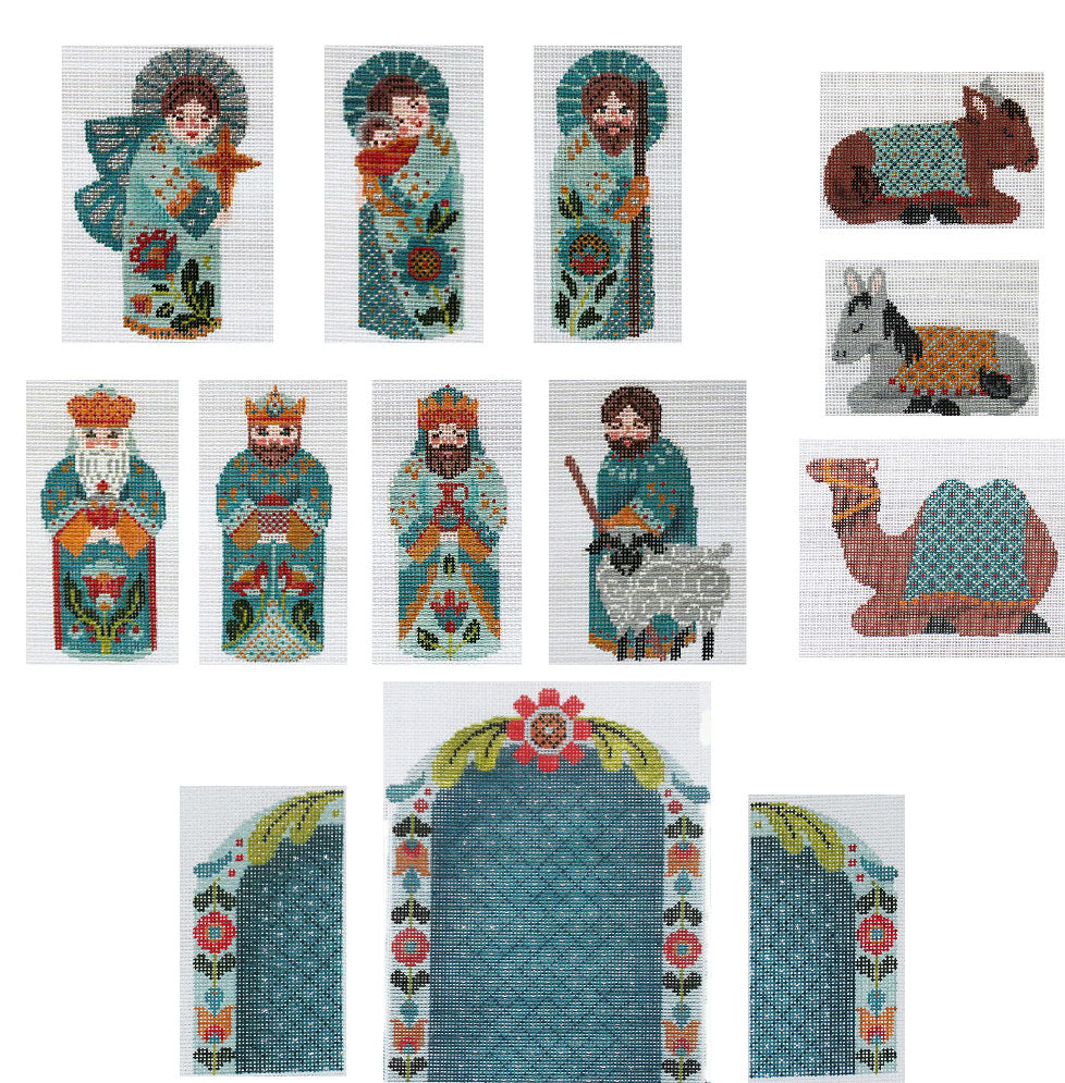 PLD Designs Abigail Cecile Nativity with Creche Needlepoint Canvas Set of 13 - Teal