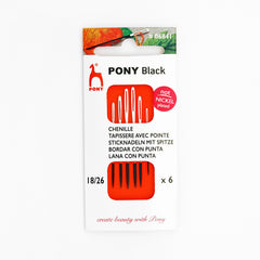 PONY Black Chenille Embroidery Needles with White Eye - Sizes 18-26