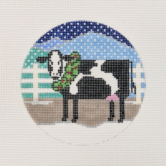 Doolittle Stitchery Cow with Wreath Round Needlepoint Canvas