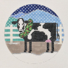 Doolittle Stitchery Cow with Wreath Round Needlepoint Canvas