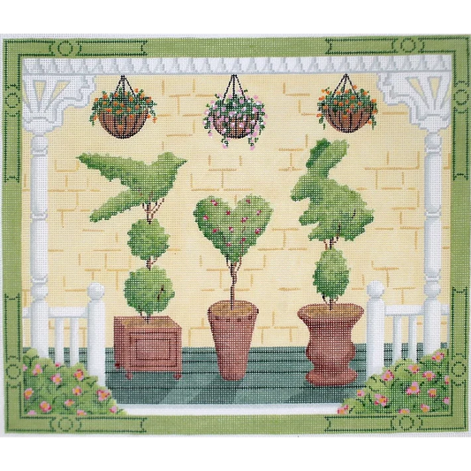 Kate Dickerson Needlepoint Collections American Front Porch with Topiaries Spring Needlepoint Canvas