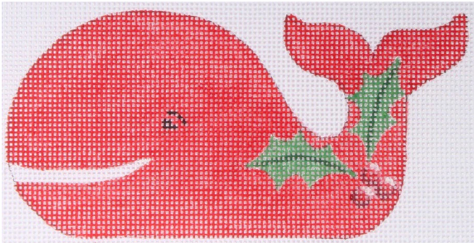 Kate Dickerson Needlepoint Collections Christmas Ornament Red Whale with Holly on Tail Needlepoint Canvas