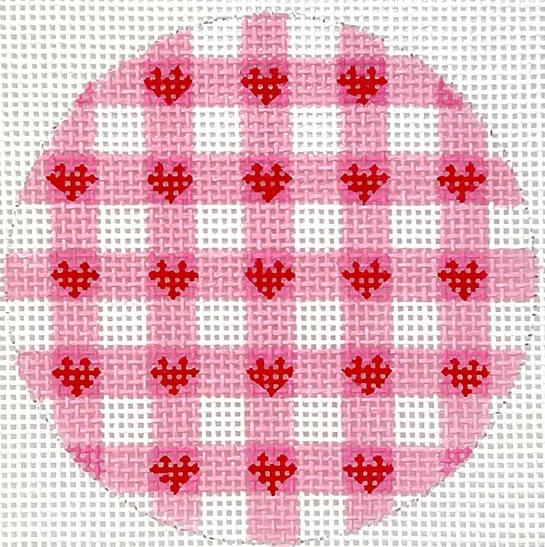 Kate Dickerson Needlepoint Collections Round Pink Gingham with Red Hearts Needlepoint Canvas