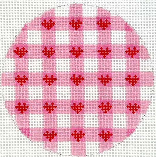 Kate Dickerson Needlepoint Collections Round Pink Gingham with Red Hearts Needlepoint Canvas
