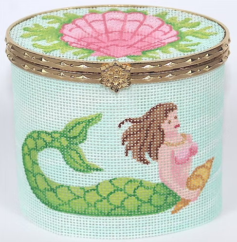 Kate Dickerson Needlepoint Collections Hinged Box Large Round Scallop and Mermaid on Caribbean Gold Clasp Needlepoint Canvas