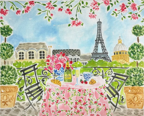 Kate Dickerson Needlepoint Collections Lindsay Brackeen Paris Champagne Breakfast Table Needlepoint Canvas
