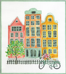 Kate Dickerson Needlepoint Collections Lindsay Brackeen Amsterdam Houses with Bicycle Needlepoint Canvas