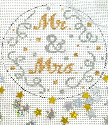 Kate Dickerson Needlepoint Collections Round with Clear Dome and Confetti Mr and Mrs with Confetti Needlepoint Canvas