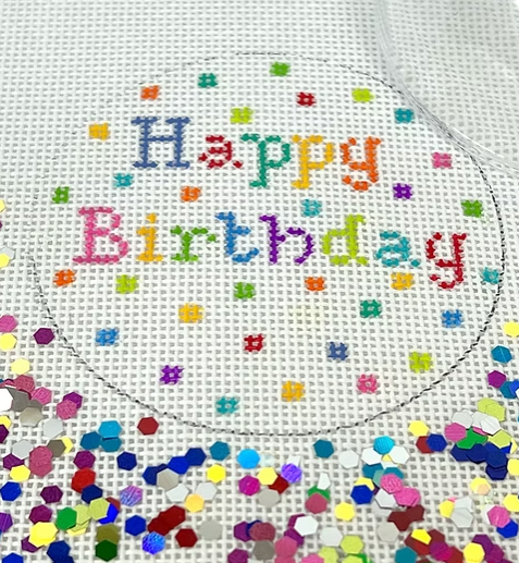 Kate Dickerson Needlepoint Collections Round with Clear Dome and Confetti Happy Birthday Needlepoint Canvas