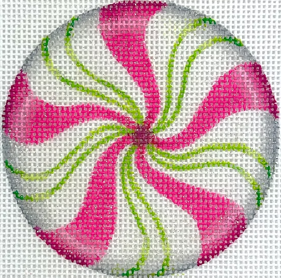Kate Dickerson Needlepoint Collections Christmas Ornament Sparkly Pink and Lime Peppermint Needlepoint Canvas